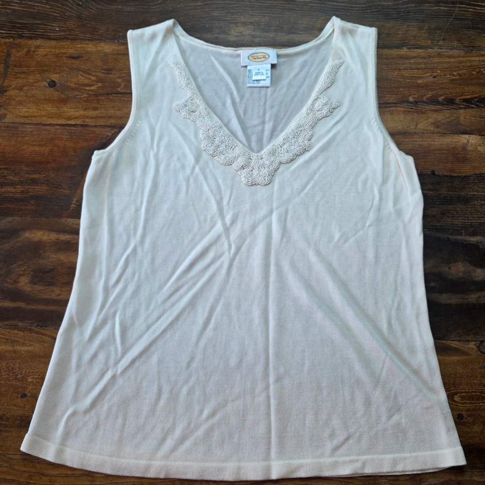 Talbots Sleeveless Beaded Top Viscose Lyocell Cream‎ Tank Top Women's L